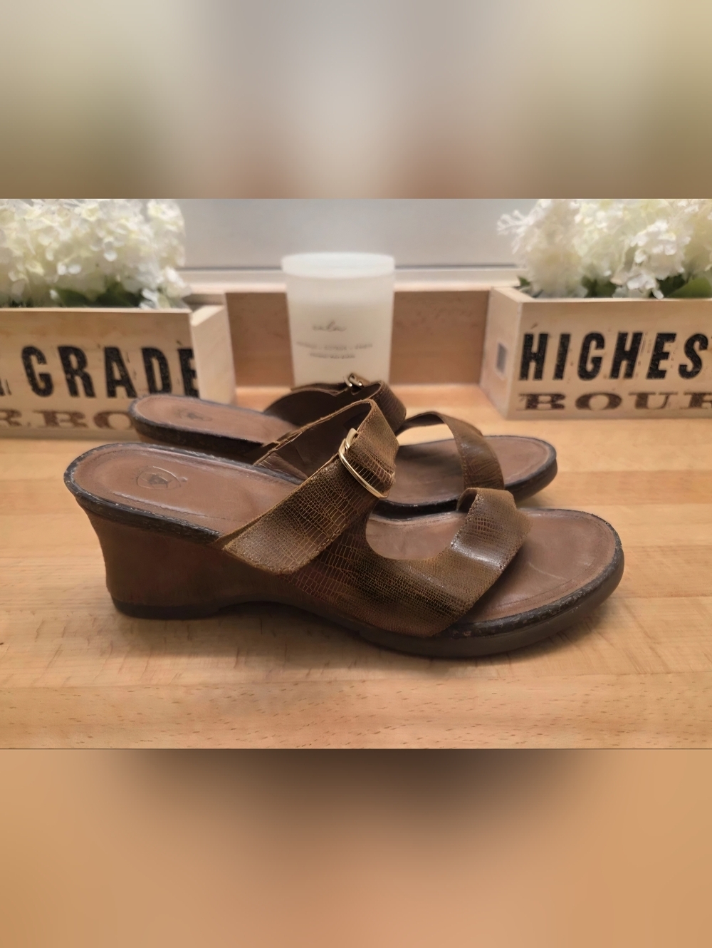 Ariat Unbridled Leigh Cork Wedge Sandal Brown Leather Reptile Emb.  Womens Sz 10